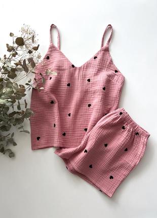 Пижама муслин сердечки розовый коралл муслин майка пижама шорты сорочка штаны пеньюар2 фото