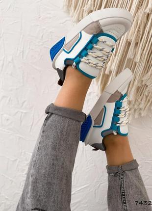 Білі сині блакитні шкіряні кросівки кеди з перфорацією на товстій підошві широку ногу3 фото