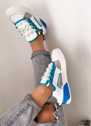 Білі сині блакитні шкіряні кросівки кеди з перфорацією на товстій підошві широку ногу6 фото