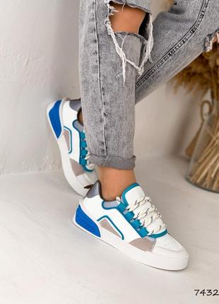 Білі сині блакитні шкіряні кросівки кеди з перфорацією на товстій підошві широку ногу7 фото