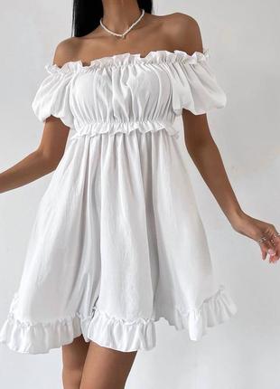 Платье платье короткая мини рюшка прямое пышное объемный рукав открытые плечи сарафан рюшки воланы
