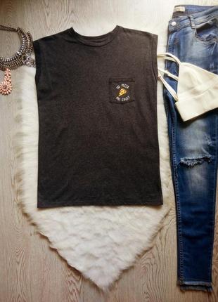 Сіра чорна меланж футболка майка з модним принтом їжі на кишені бавовна стрейч