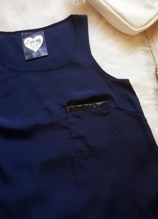 Синяя блуза майка с кожзам кармашком черным окантовка креп шифон без рукава2 фото