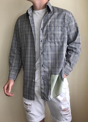 Стильна сіро бежева сорочка riccovero slim fit, овершот, в клітинку, в клєтку барбері, burberry, накидка, кежуал