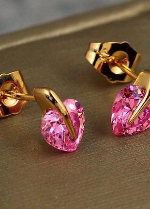 Серьги гвоздики xuping jewelry розовый фианит в форме сердечка 10 мм золотистые2 фото