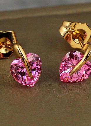 Серьги гвоздики xuping jewelry розовый фианит в форме сердечка 10 мм золотистые1 фото