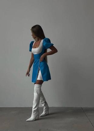 Сукня з льону міні з рукавами ліхтариками з вирізом плаття подвійне біла блакитна з імітацією корсета2 фото