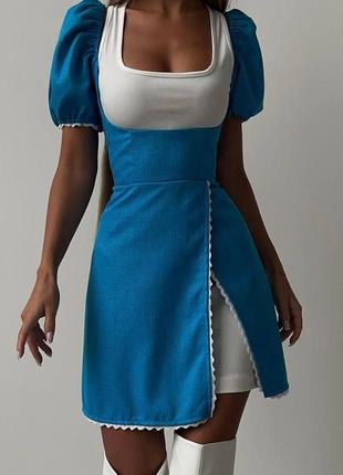 Платье из льна мини с рукавами фонариками с вырезом платье двойное белое голубое с имитацией корсета3 фото