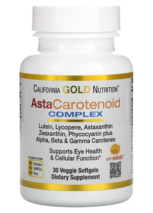 California gold nutrition, astacarotenoid, комплекс із лютеїном, лікопіном і астаксантином, 30 росли