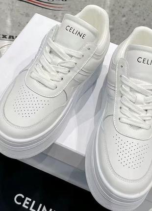 Кроссовки из натуральной кожи  в стилі   celine на высокой подошве платформы белые и белые с черным