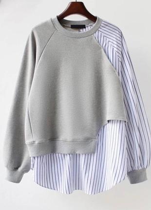 Трендова жіноча кофта, асиметричний світшот сірого кольору з сорочкою у смужку1 фото