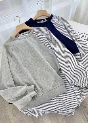 Трендова жіноча кофта, асиметричний світшот сірого кольору з сорочкою у смужку7 фото