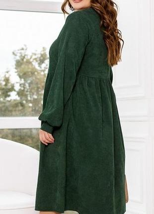 Платье женское миди, вельветовое, с длинными рукавами, батал большие размеры, зеленое4 фото