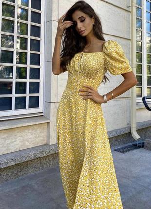 Трендова сукня міді з розрізом короткі рукава квітковий принт приталена плаття жовта чорна біла8 фото