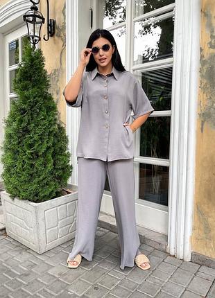 Шикарный брючный костюм розовый белый серый черный бежевый жатка  брюки штаны палаццо широкие блуза кофта рубашка кардиган с короткими рукавами