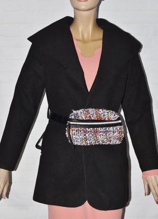 Черное женское пальто на демисезон под пояс + сумка2 фото