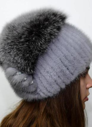 Женская зимняя вязаная норковая шапка стрекоза сапфир2 фото