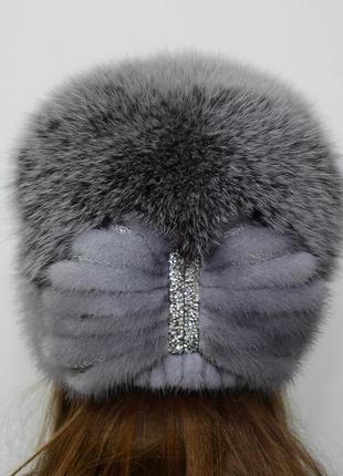 Женская зимняя вязаная норковая шапка стрекоза сапфир3 фото