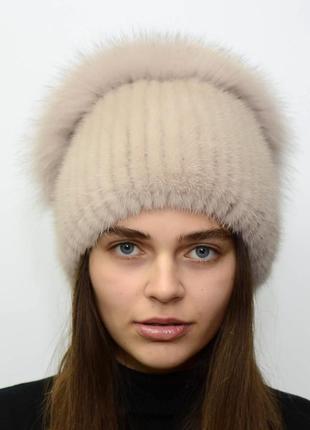 Женская зимняя вязаная норковая шапка стрекоза капучино1 фото