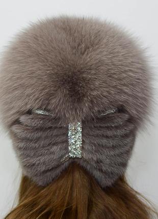 Женская зимняя вязаная норковая шапка стрекоза капучино3 фото
