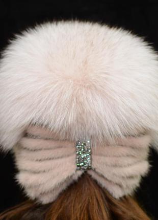 Женская зимняя вязаная норковая шапка стрекоза пудра3 фото