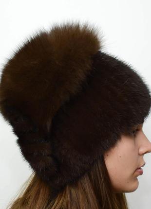 Женская зимняя вязаная норковая шапка стрекоза орех2 фото