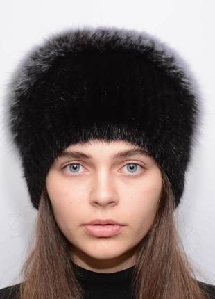 Женская зимняя вязаная норковая шапка стрекоза черный4 фото