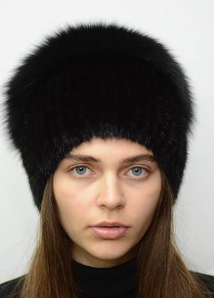 Женская зимняя вязаная норковая шапка стрекоза черный