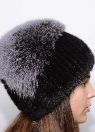 Женская зимняя вязаная норковая шапка стрекоза черный5 фото