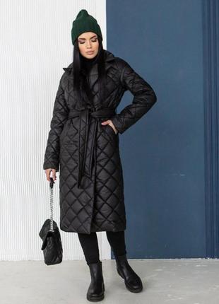 Женское стеганое пальто с плащевки на синтепоне черное/черный цвет 40-54 | пальто женское демисезон стеганное1 фото