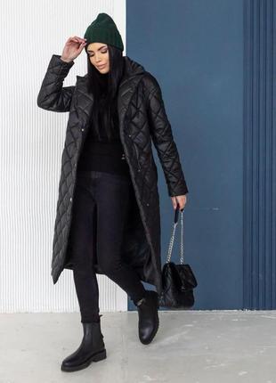 Женское стеганое пальто с плащевки на синтепоне черное/черный цвет 40-54 | пальто женское демисезон стеганное8 фото