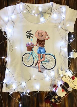 Женская футболка  с принтом - девушка на велосипеде