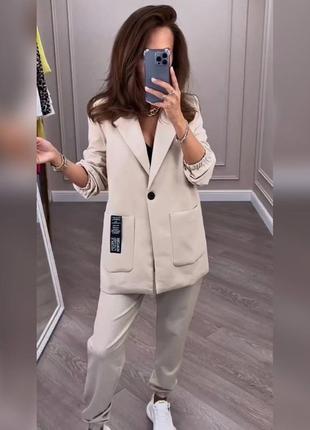Брючный женский костюм белый бежевый классический качественный с пиджаком в офис6 фото