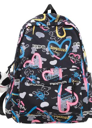 Рюкзак черный с сердечками для города и школы, без брелка / fs-2124