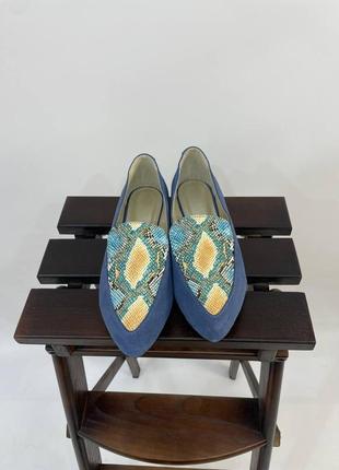 Сині замшеві балетки лофери туфлі на низькому ходу багато кольорів замша + шкіра4 фото