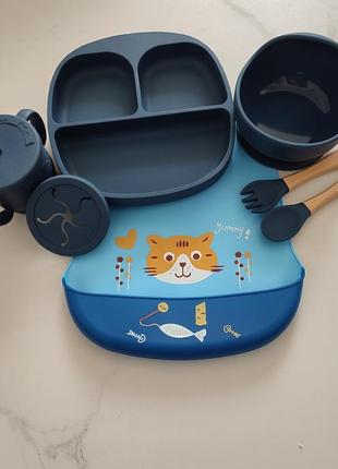 Силиконовый нагрудник, слюнявчик, секционная тарелка силиконовая, тарелочка на...