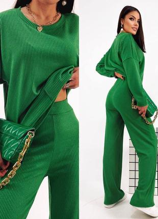 Жіночий брючний костюм зелений бежевий коричневий мокко базовий в рубчик5 фото