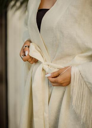 Льняное кимоно макси с бахромой1 фото