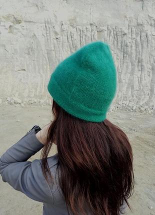 Розкішна шапка ангора кольори зелений смарагд пухнаста шапка преміум ангора