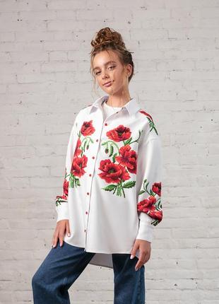 Оверсайз-рубашка белая с орнаментом маки для девочки (арт. 4222200101)