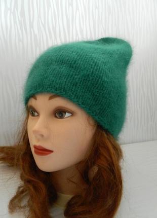 Роскошная шапка ангора цвета зелёный изумруд пушистая шапка премиум ангора9 фото