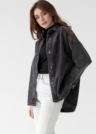 Стильный женский черный джинсовый жакет с вышивкой, джинсовая рубашка вышитая, женская одежда