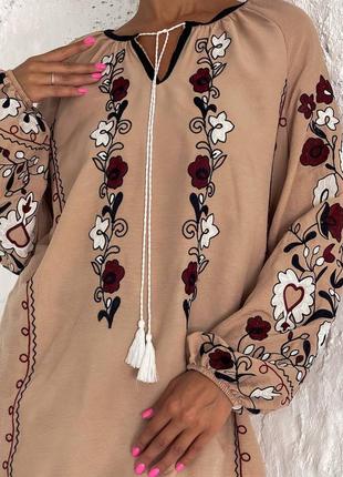 Стильная бежевая женская вышиванка, рубашка вышитая, блуза с вышивкой летняя/литно-женская одежда4 фото
