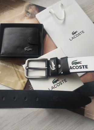 Мужской подарочный набор lacoste ремень и кошелек черные2 фото