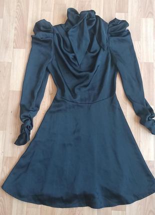 Шикарное черное платье, бант на шее, длинные рукава, #34black