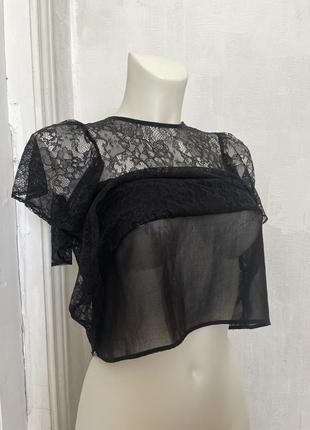 Кружевная черная блуза с рюшами zara basic3 фото