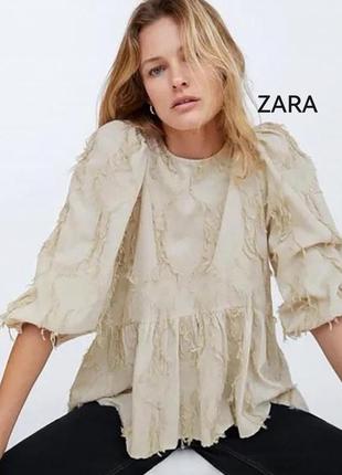 Світло бежева хлопкова блуза zara, розмір l, натуральна,1 фото