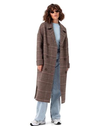 Пальто женское шерстяное демисезонное двубортное длинное, клетчатое, коричневое
