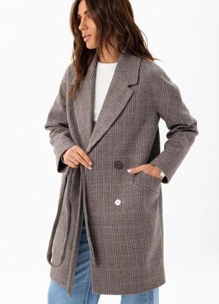 Premium quality, пальто жіноче демісезонне оверсайз, вовняне, в клітку, середньої довжини, демі, осіннє 70% вовна10 фото