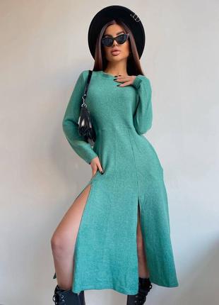 Сукня міді з ангори тепла плаття довге з розрізами бежева зелена чорна в рубчик трикотажна1 фото